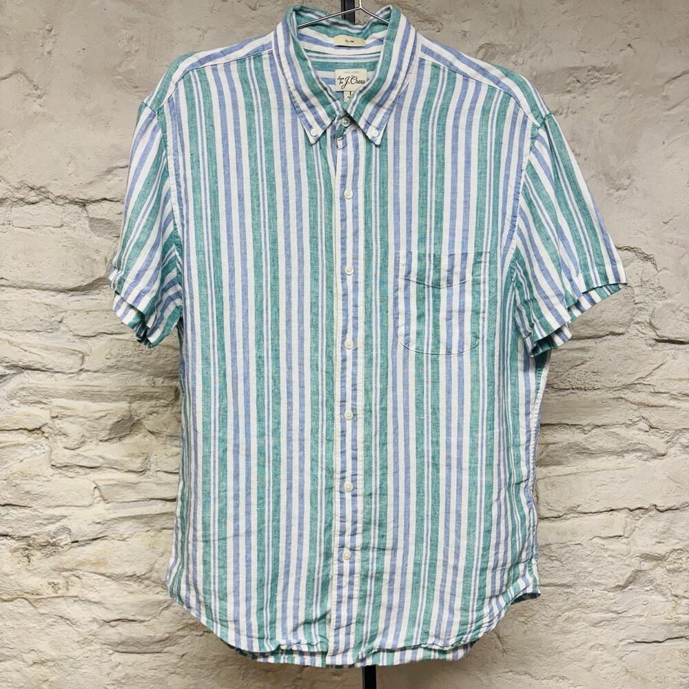 J Crew Irish Linen Short Sleeve Shirt Striped Baird McNutt Classic Green Blue